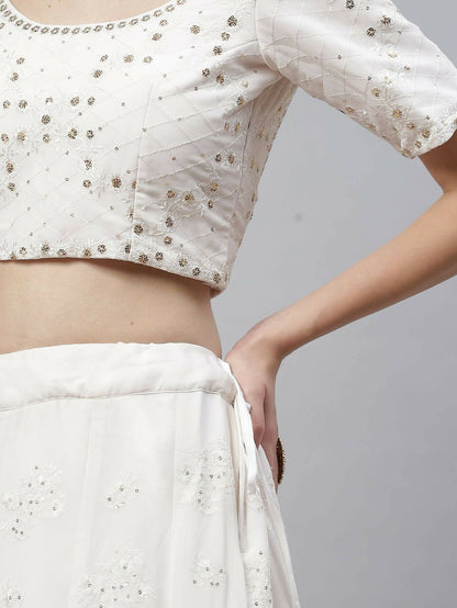 White Georgette Thread with Sequins Embroidered work Lehenga Choli with Dupatta - Jivika - Distacart