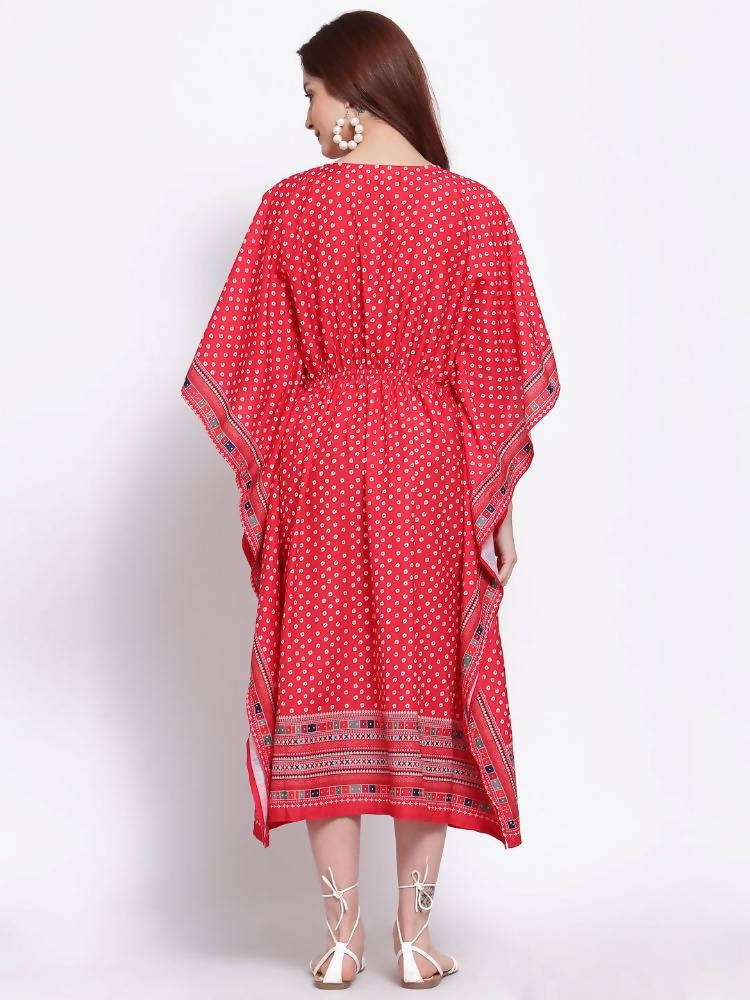 Myshka Women's Red Printed Cotton Blend 3/4 Sleeve V Neck Casual Dress