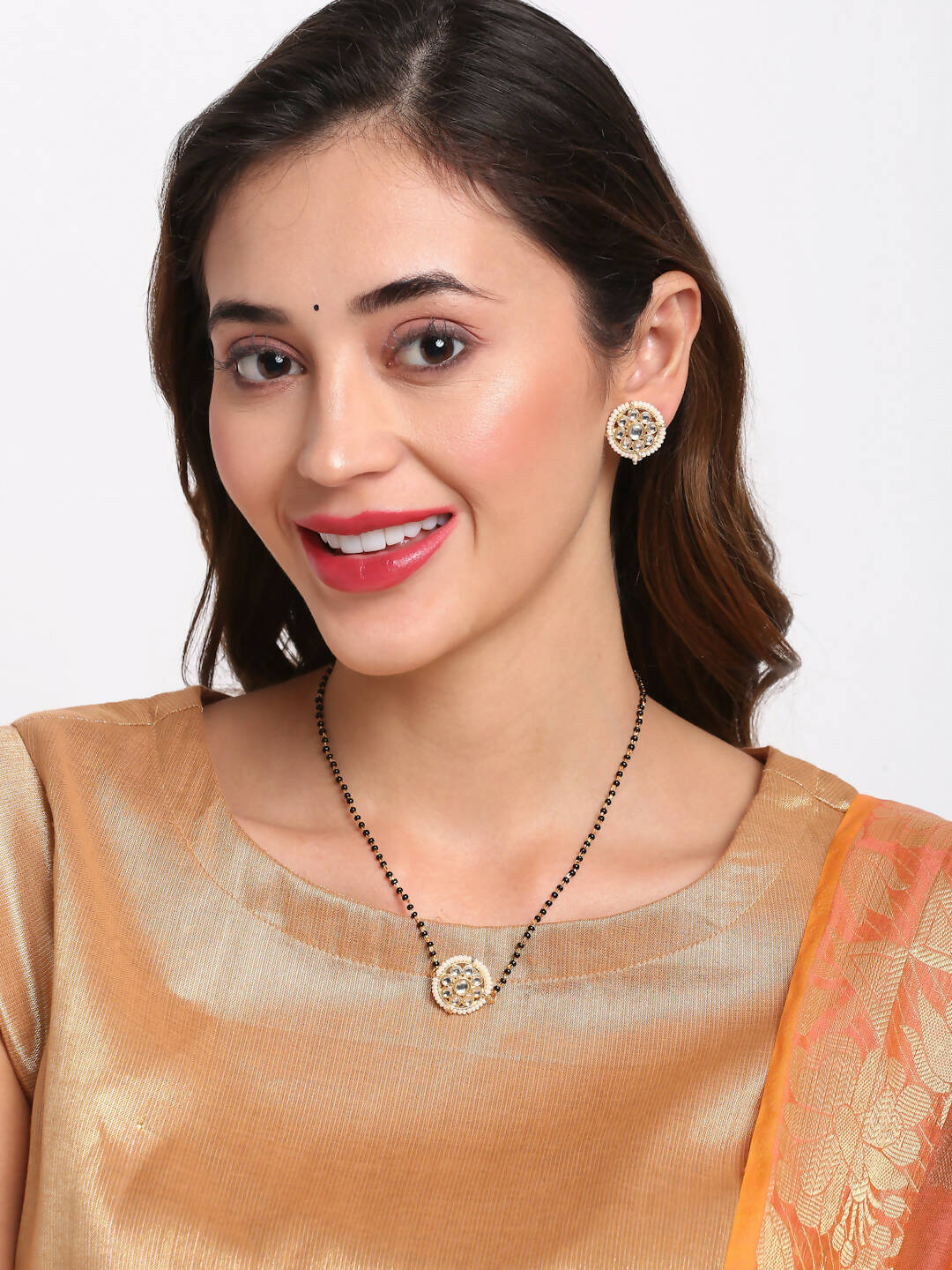 Gold Plated Black Kundan Beaded Mangalsutra With Studs - Ruby Raang - Distacart