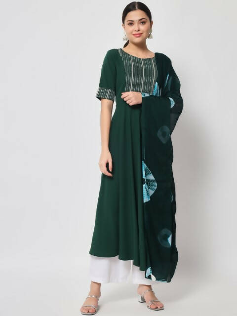 FIORRA Women's Bottle Green Poly Crepe Flared Kurta With Dupatta - Distacart