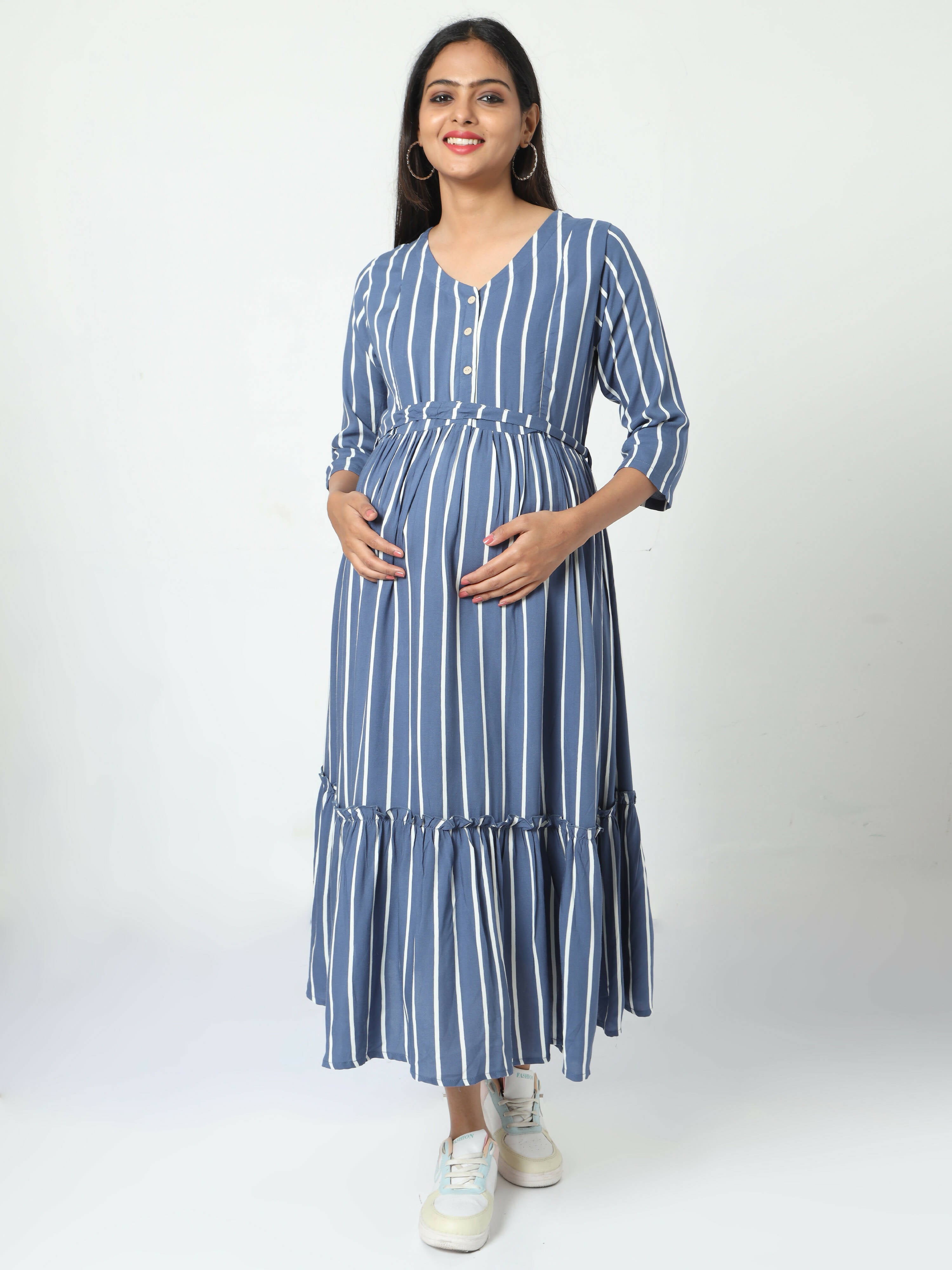 Manet Three Fourth Maternity Dress Striped With Concealed Zipper Nursing Access - Blue - Distacart