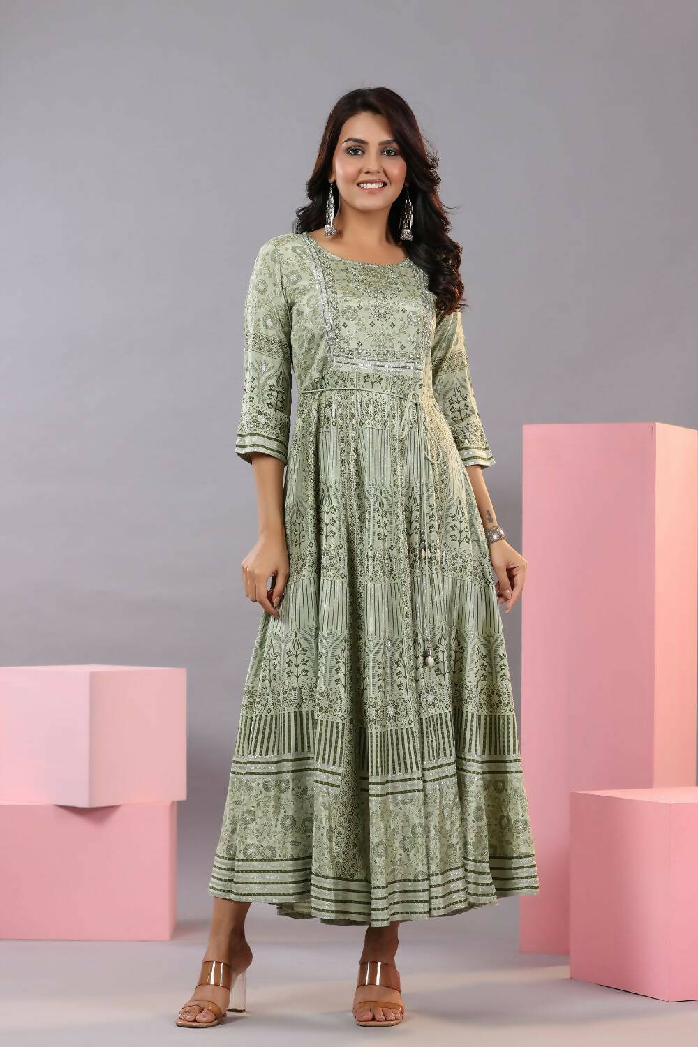 Juniper Women Olive Green Shantoon Floral Printed Maxi Dress - Distacart