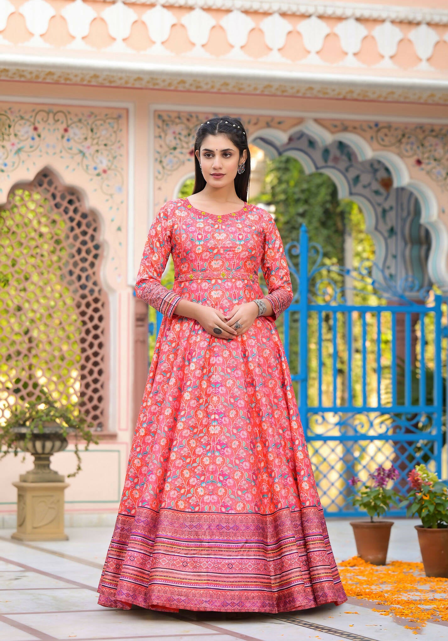 Functional Designer Red-Orange Dola Silk Anarkali suit with Dupatta - Ramya - Distacart