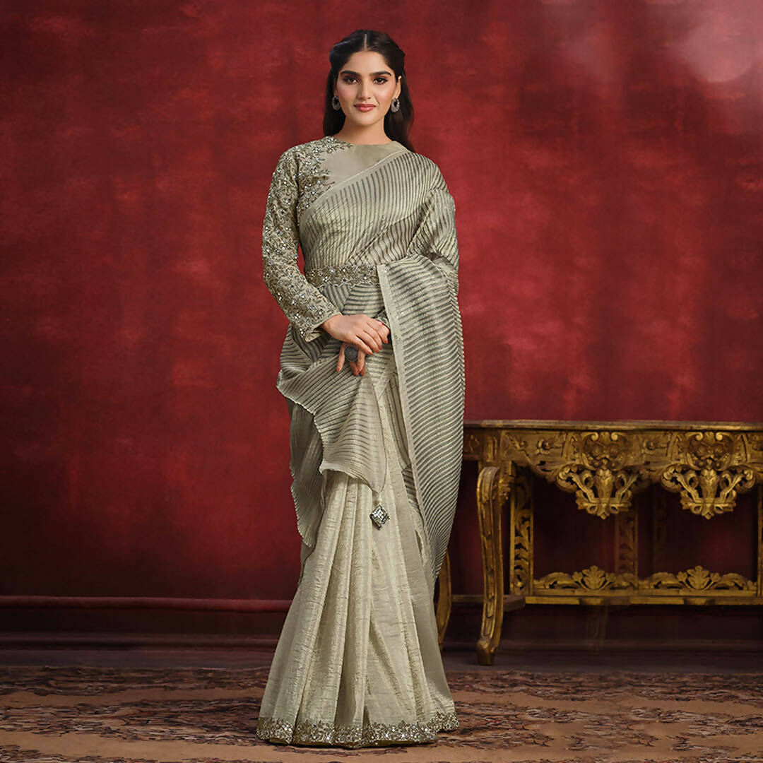 Olive Banarasi Crush Silk Sequence Thread & Stone Work/ Texture Pallu Saree - Mohmanthan Kimiya - Distacart