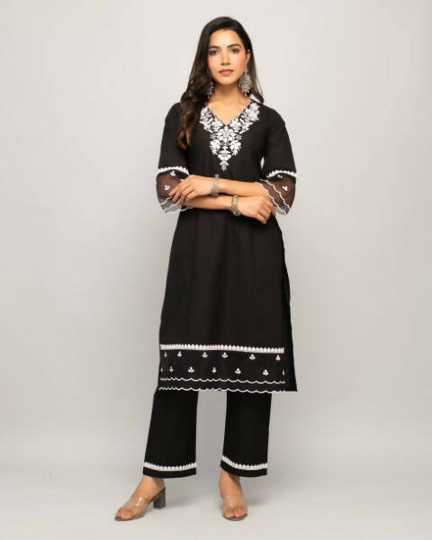 FIORRA Women's Black Cotton Straight Kurta Palazzo Set - Distacart