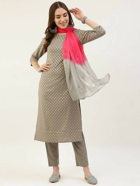 FIORRA Women's Grey Poly Crepe Straight Kurta Pant With Dupatta - Distacart