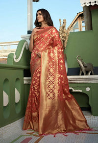 Thumbnail for Charming Designer Light Tomato Red Color Organza Silk Saree With Weaving Work - Yomika Fashions - Distacart