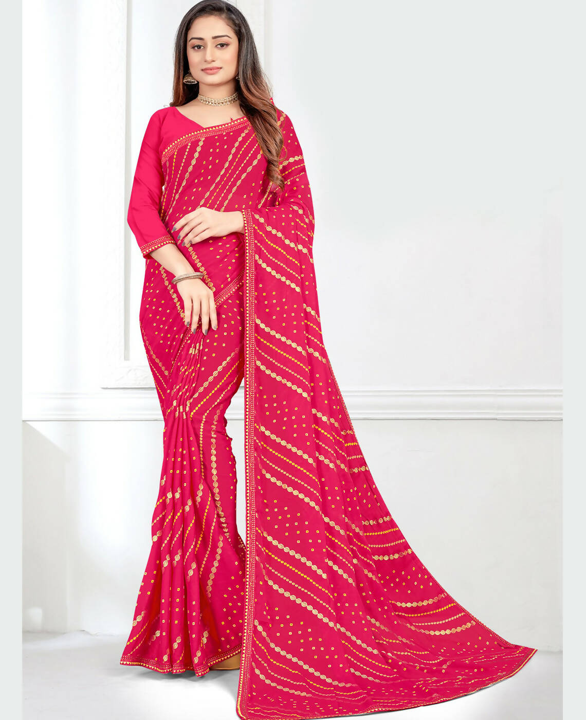 Pink Georgette Bandhani Printed Saree With Unstitched Blouse Piece - Jyoti - Distacart