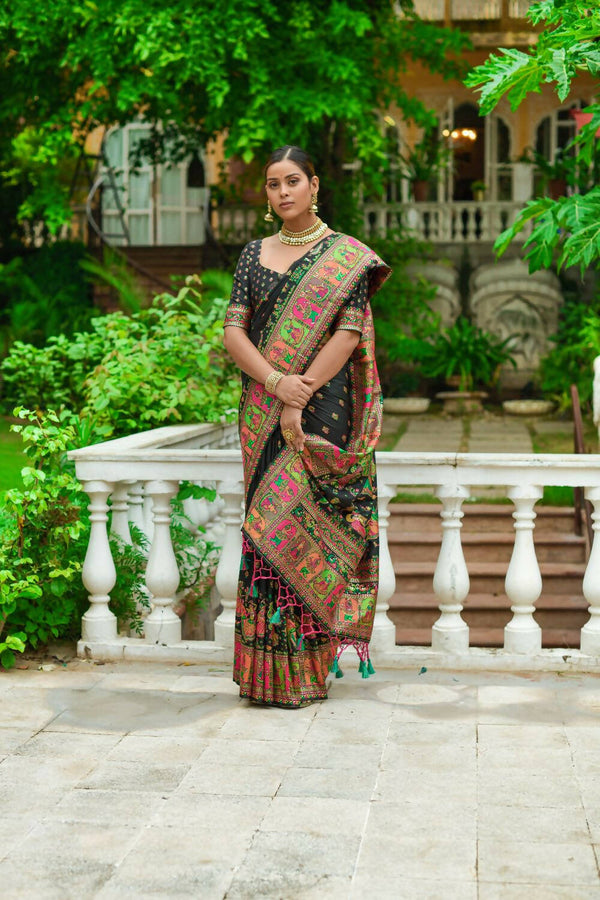 Vishnu Weaves Women's Black Banarasi Silk Kashmiri Woven Saree with Blouse - Distacart