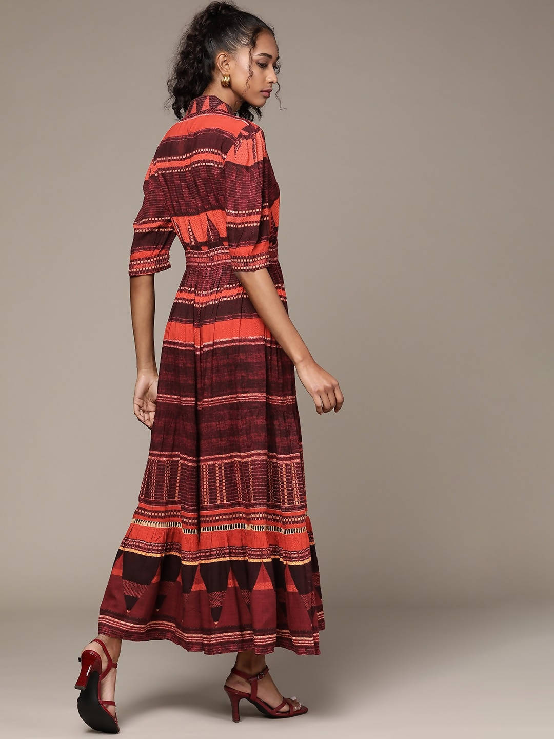 Ritu Kumar Women Orange & Rust Red Striped Ethnic Tiered A-Line Midi Dress - Distacart