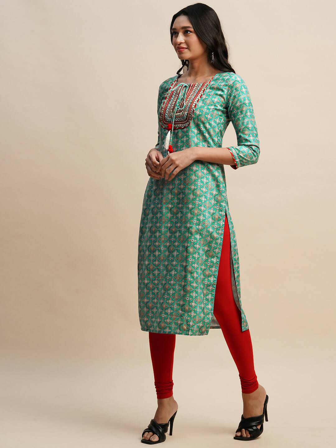 Sea Green Poly Chinon Digital Printed Straight Kurta - Samira - Distacart