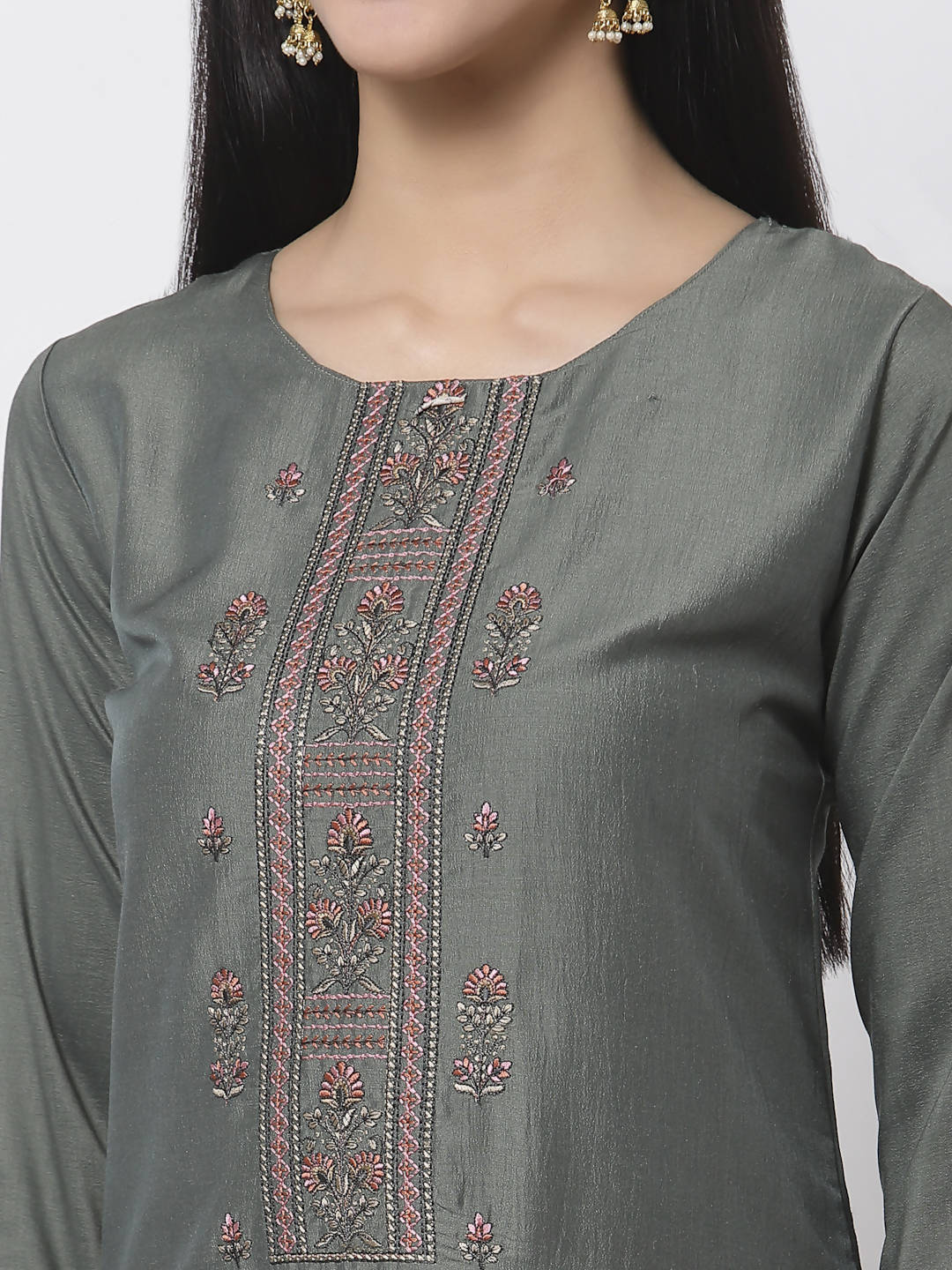 Myshka Women Grey Silk Blend Embroidered 3/4 Sleeve Round Neck Kurta Pant Dupatta Set
