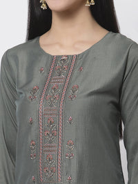 Thumbnail for Myshka Women Grey Silk Blend Embroidered 3/4 Sleeve Round Neck Kurta Pant Dupatta Set