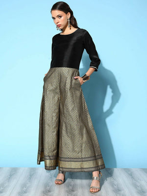 Ahalyaa Womens Black Poly Silk Gold Printed Jumpsuit - Distacart