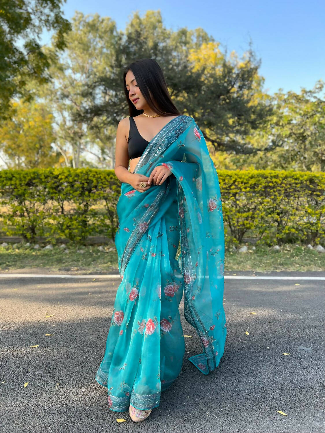 Vamsee Sky Blue Organza Saree - Distacart