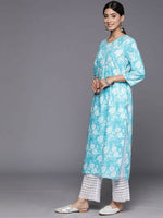 Thumbnail for Varanga Women Blue Floral Printed Straight Kurta With Three Quarter Sleeves - Distacart