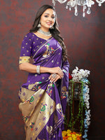 Thumbnail for Lorenvalley Fashion Purple Soft Paithani Silk Woven Design Gold Zari Meenakari Weaving Saree - Distacart