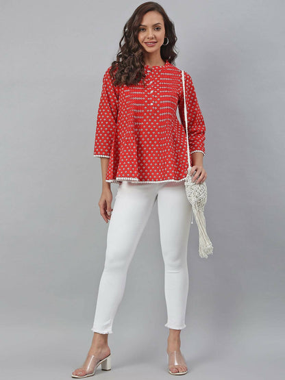 Janasya Women's Red Cotton Floral Print Flared Top - Distacart