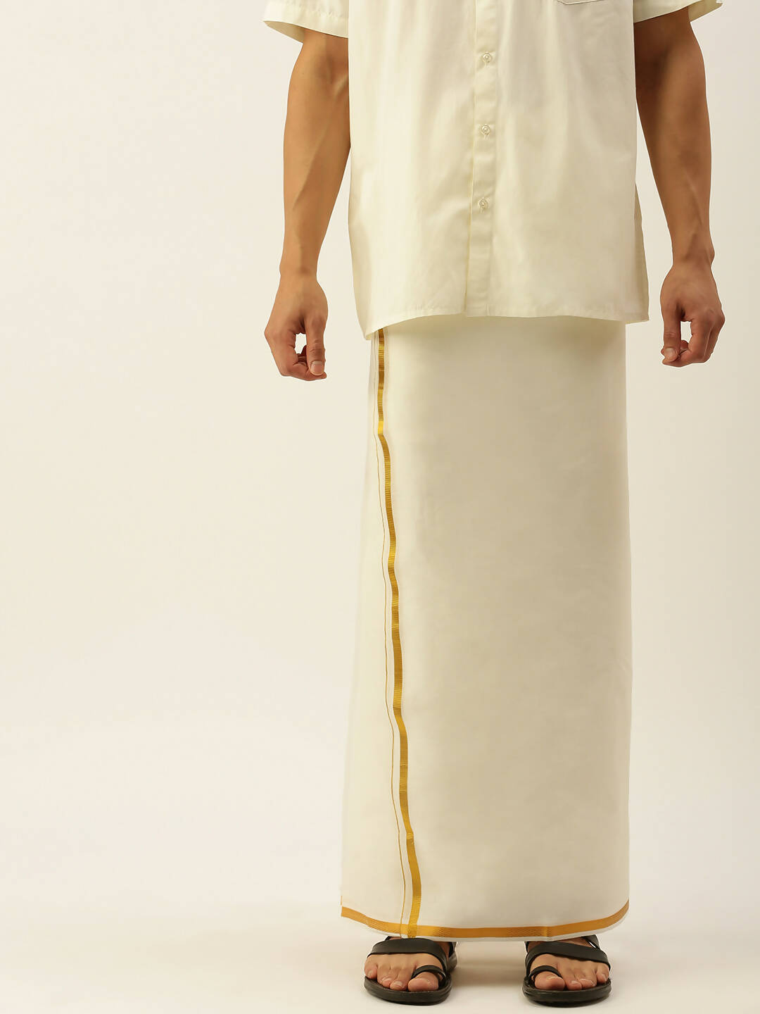 Ramraj Cotton Mens Pure Cotton 1/2 Inch Gold Jari Dhoti - Cream - Distacart
