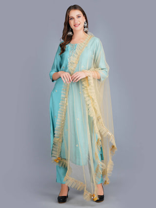 Shehnaai Blue Formal Muslin Suit With A Net Dupatta - Distacart