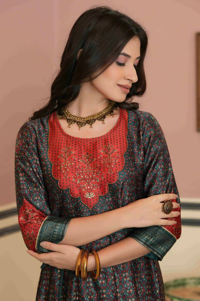 Juniper Green Satin Festive Printed Anarkali Flared Anarkali Kurta For Women - Distacart