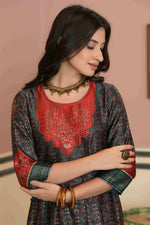 Thumbnail for Juniper Green Satin Festive Printed Anarkali Flared Anarkali Kurta For Women - Distacart