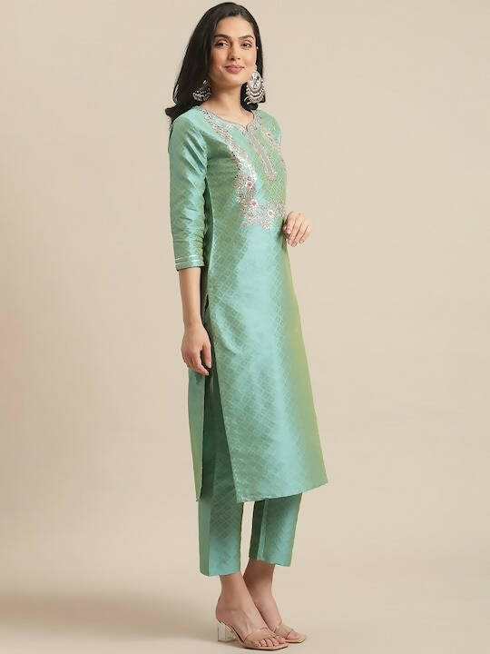 Varanga Women Sea Green Woven Design Kurta with Trousers & With Dupatta - Distacart