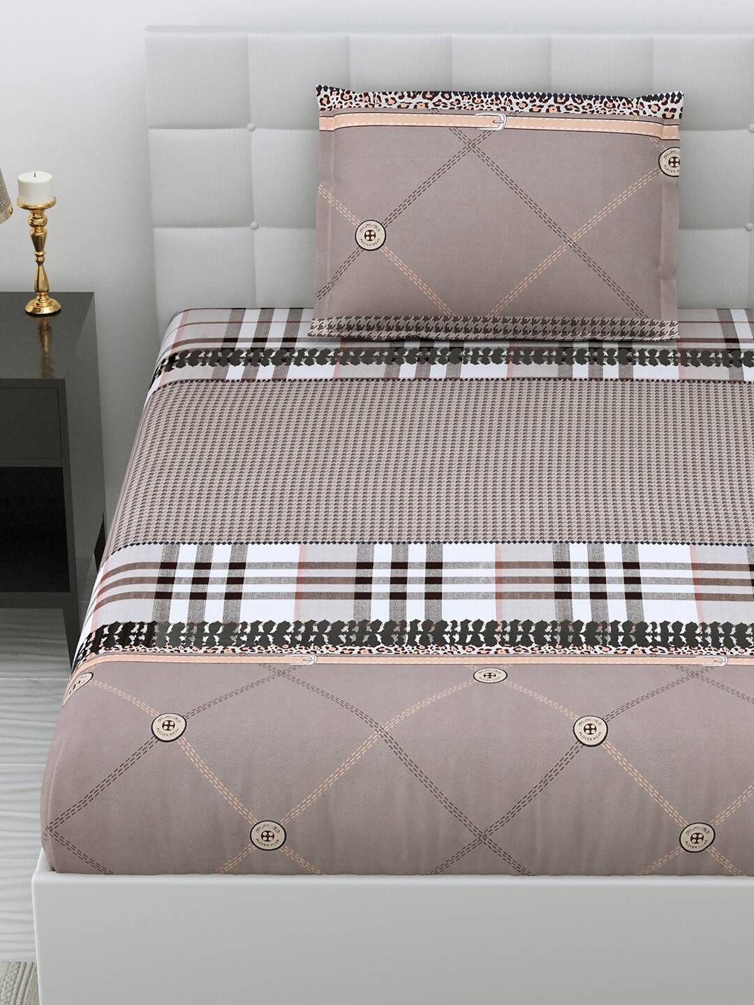 DREAM WEAVERZ Beige Checked 220 TC Glazed Cotton Bedsheet with Pillow Covers - Distacart