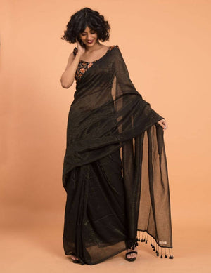 Suta Black Woven Zari Striped Pure Handloom Cotton Saree - Distacart