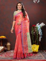 Thumbnail for Lorenvalley Fashion Peach Kanjivaram Silk Woven Design with Zari Weaving Saree - Distacart