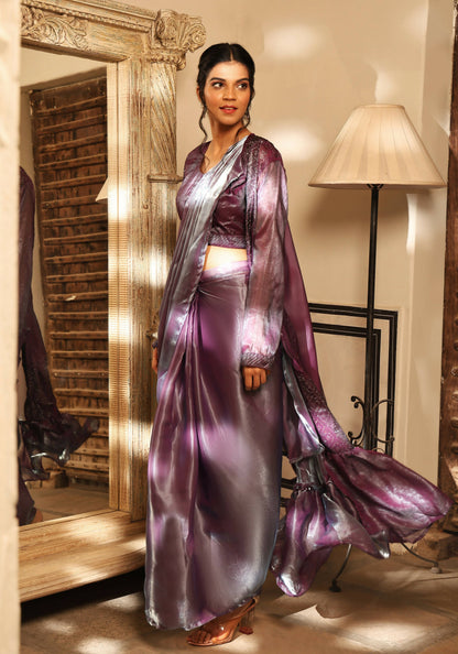 Lavender Tom Silk Plain Ready To Wear Saree With Stitched Blouse - Satiksha - Distacart