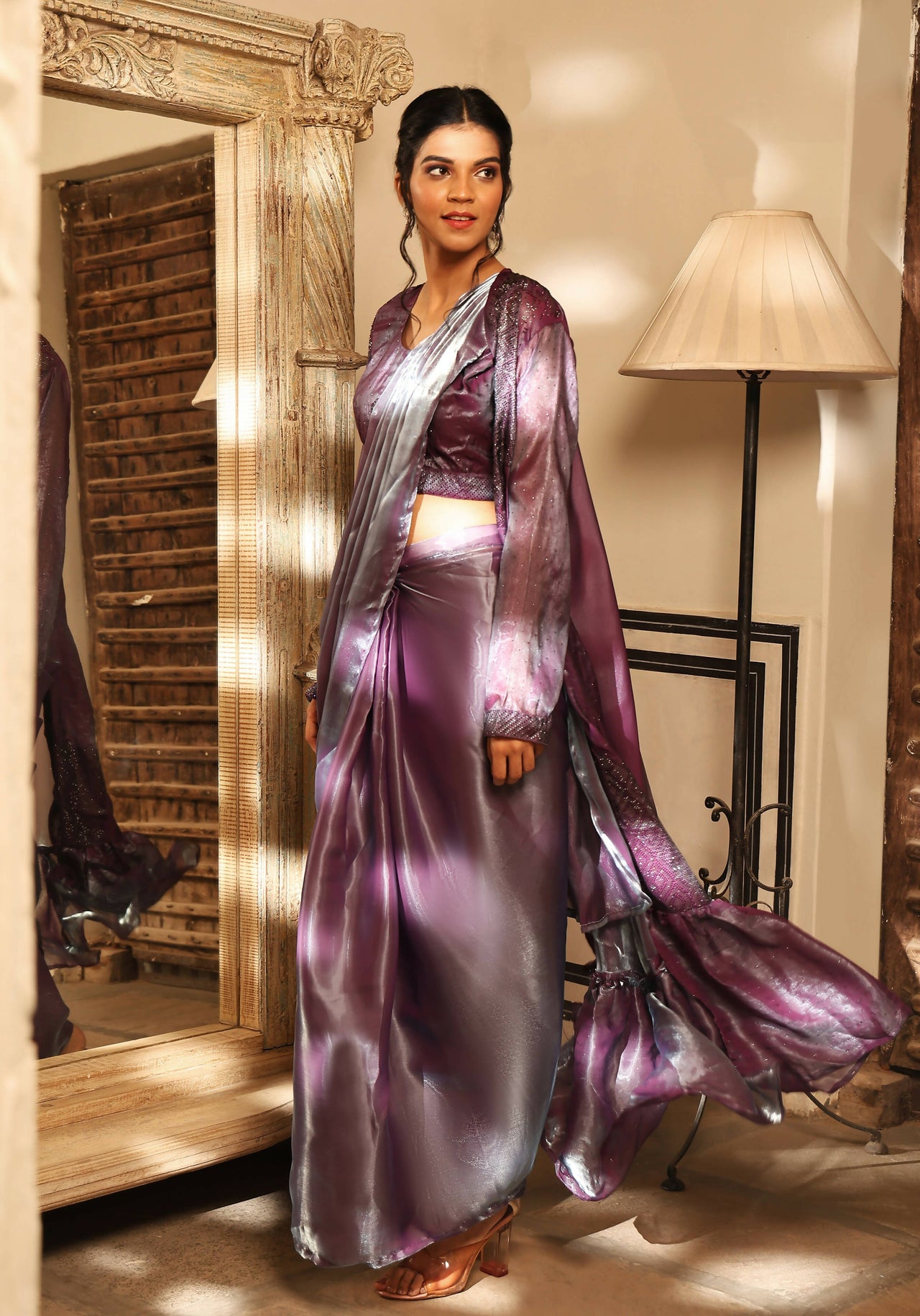 Lavender Tom Silk Plain Ready To Wear Saree With Stitched Blouse - Satiksha - Distacart