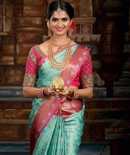 DEIANA'S Beautiful Golden Jari with New Design Soft Lichi Silk Saree - Sky - Distacart