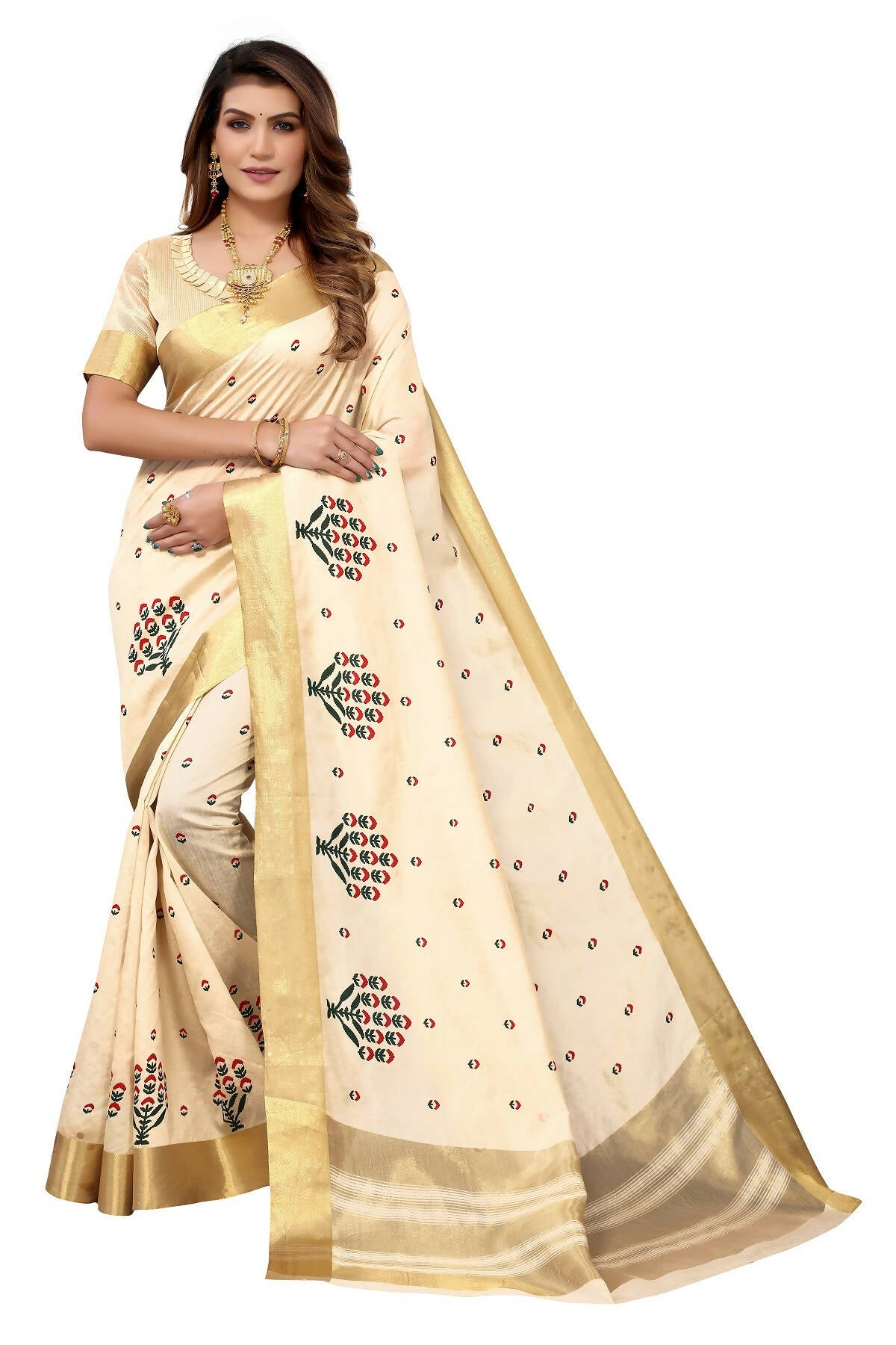 Vamika Cream Weaving Cotton Polyester Silk Saree - Distacart