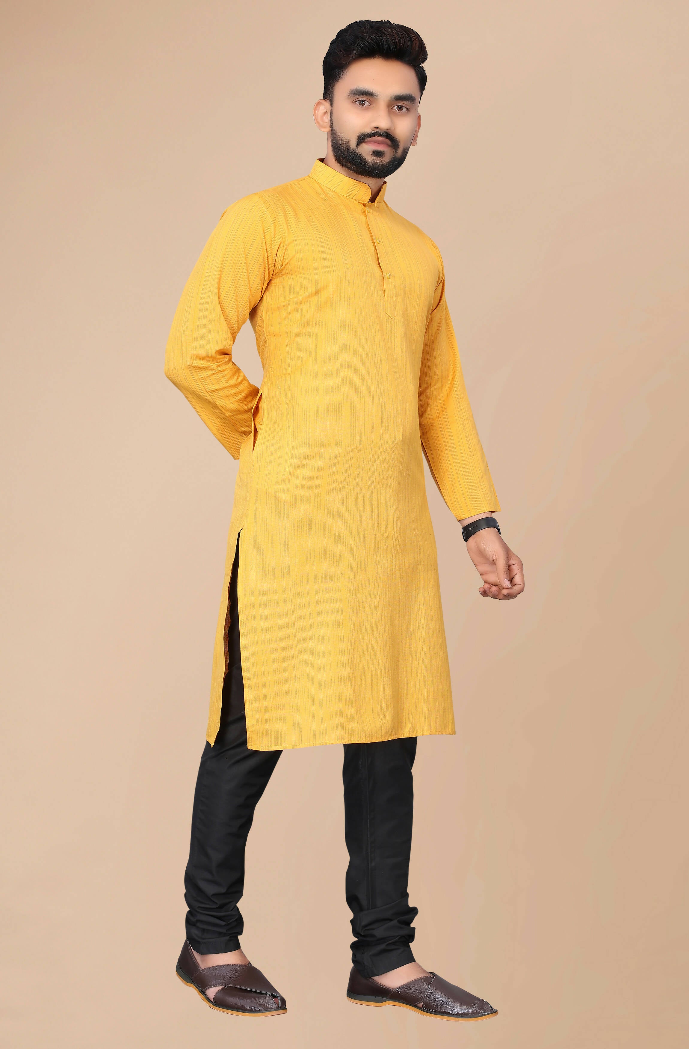 Men's Mustard Striped Cotton Kurta - Mahotsav - Distacart
