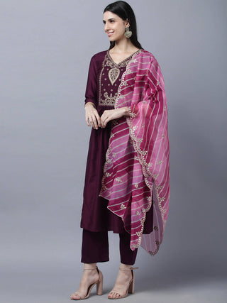 Myshka Stylish Maroon 3/4 Sleeve Women's Kurta Pant with Dupatta Set - Distacart