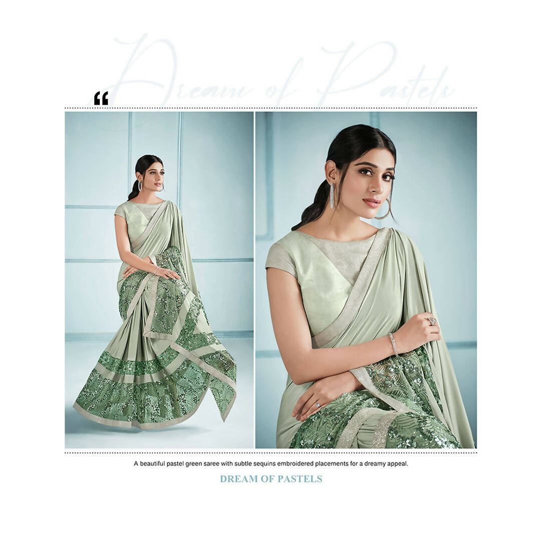 Sea Green Lycra Embroidery Saree with Unstitched Blouse Piece - Norita Elaura - Distacart