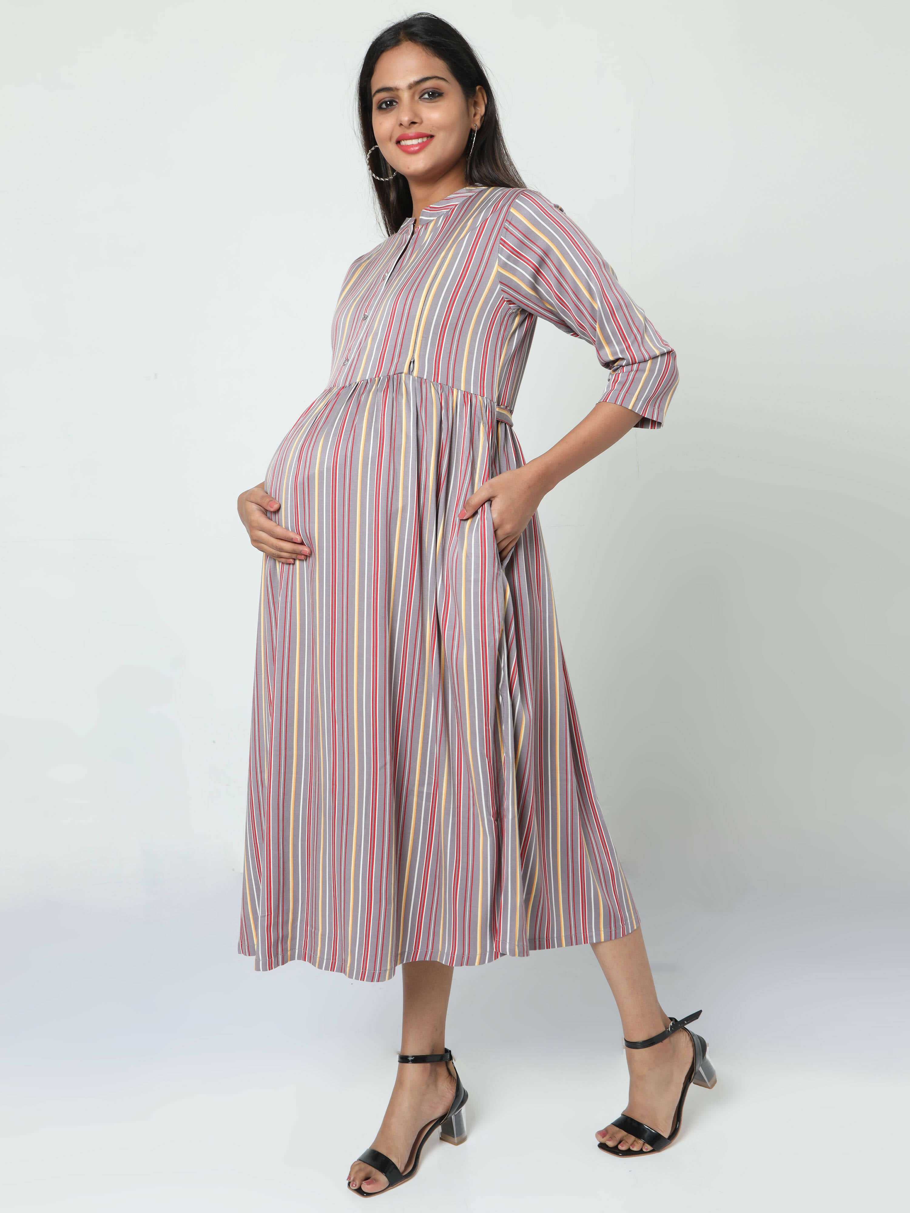 Manet Three Fourth Maternity Dress Striped With Concealed Zipper Nursing Access - Grey - Distacart