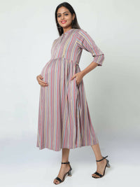 Thumbnail for Manet Three Fourth Maternity Dress Striped With Concealed Zipper Nursing Access - Grey - Distacart