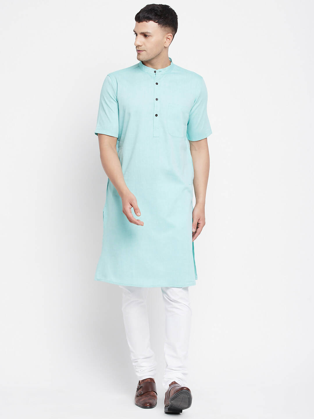 Even Apparels Green Pure Cotton Men's H/S Kurta With Band Collar - Distacart