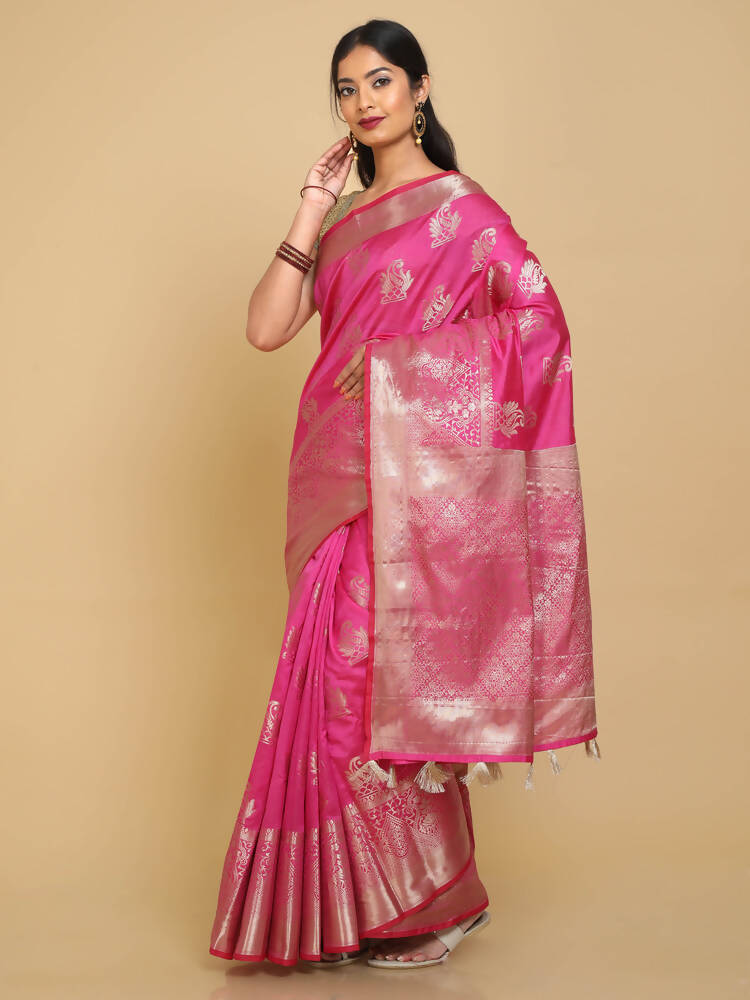 Kalamandir Zari Paisleys Pink Silk Blend Saree