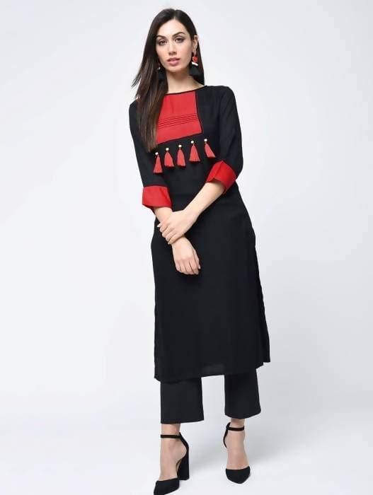 Aniyah Rayon Color Block Black Latest Straight Kurta With Tassels (AN-109K)