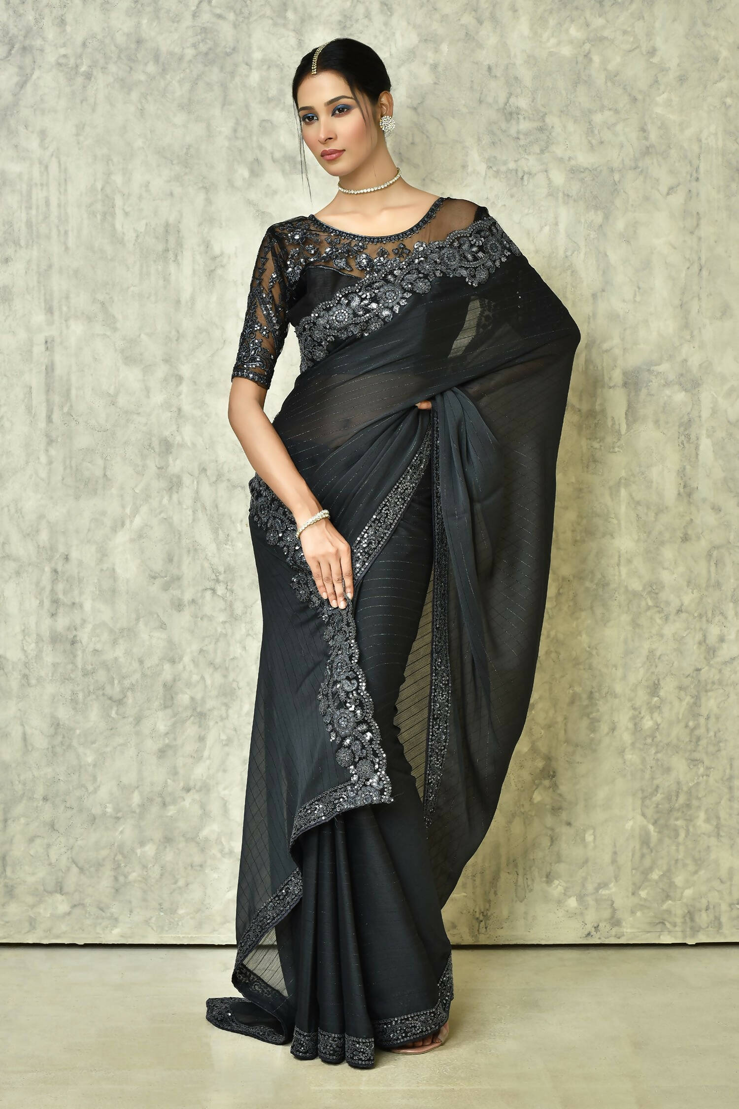 Black Silk Solid Designer Saree with Blouse - Purvi - Distacart