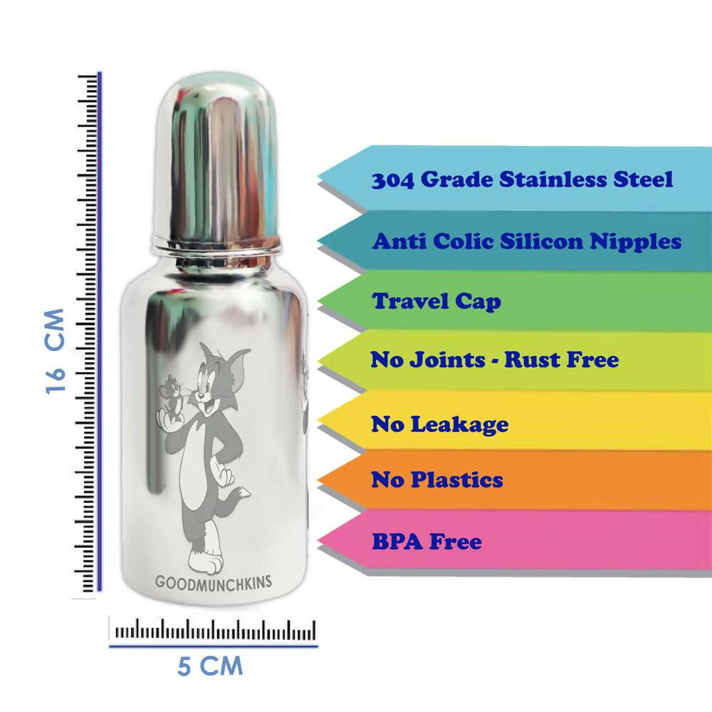 Goodmunchkins Stainless Steel Feeding Bottle with Anti Colic Silicone Nipple/Bottle Cleaning Nylon Brush (300ml, Blue) - Distacart