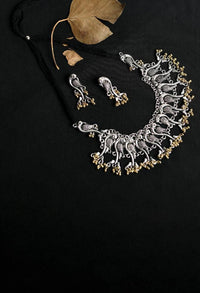Thumbnail for Tehzeeb Creations Oxidised Silver And Golden Colour Fish Design Necklace And Earrings