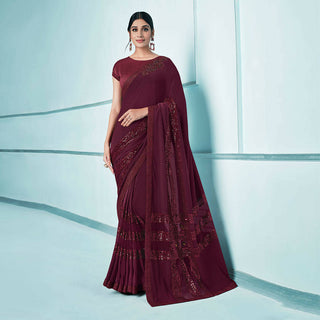 Maroon Lycra sequence Saree with Unstitched Blouse Piece - Norita Elaura - Distacart