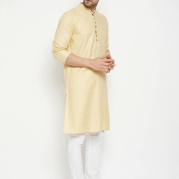 Even Apparels Beige Pure Cotton Long Men's Kurta With Band Collar - Distacart