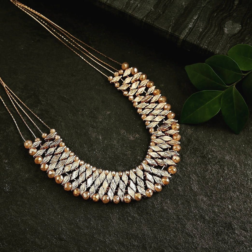 Bling Accessories 4 Rows Fine Brass Metal Chain Necklace With Hand Weaved Glass Crystal