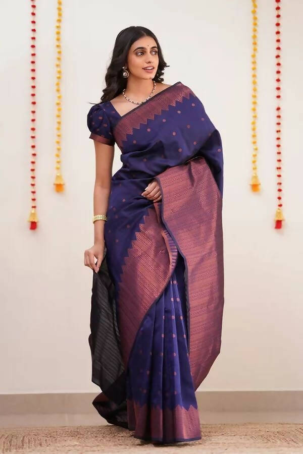 DEIANA'S Beautiful Golden Jari with New Design Soft Lichi Silk Saree - Navy Blue - Distacart