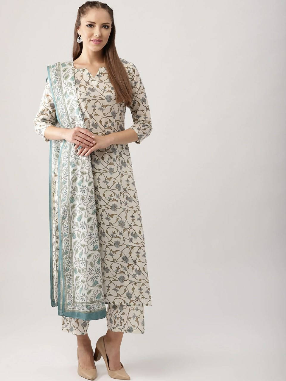 Vamika Cream Printed Cotton Party/Casual Wear Kurta Set/Suit